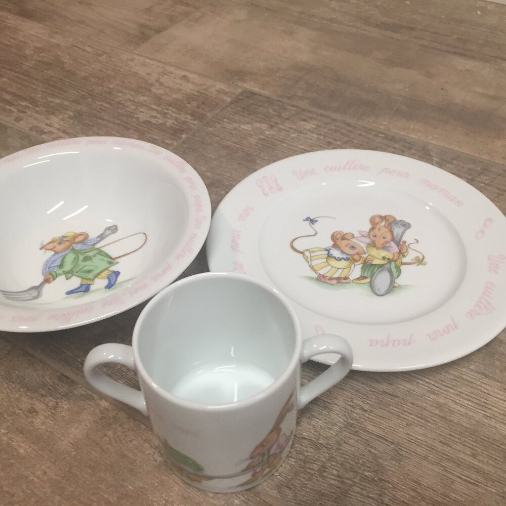 VINTAGE Philippe Deshoulieres Limoges 3 Pc Child Plate Cup Bowl Porcelain